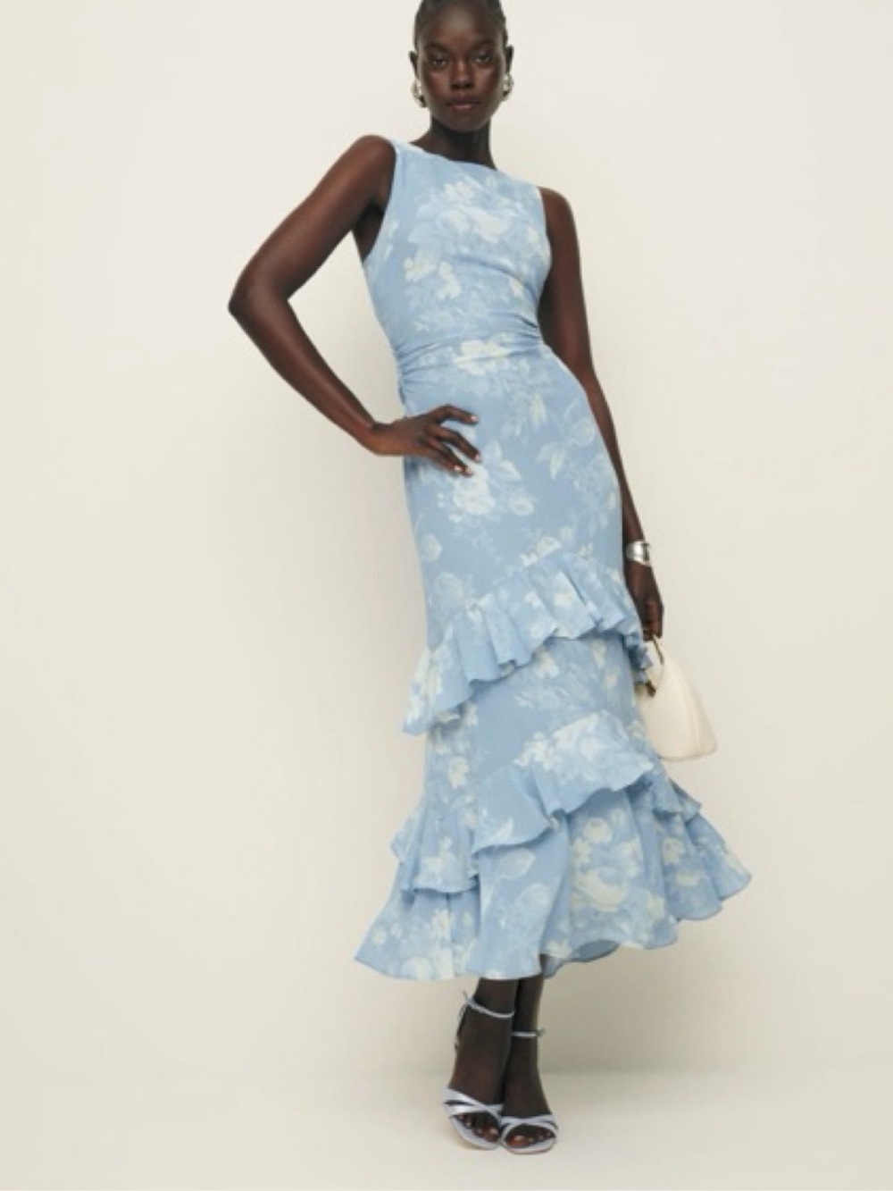 NWOT New Reformation Magnus Ruffle Tiered Maxi Dress in blue size 8
